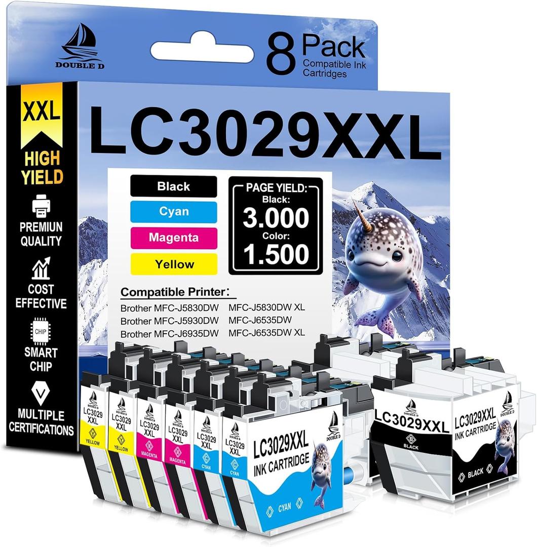 DOUBLE D Compatible LC3029 LC3029XXL Replacement for Brother LC3029 LC3029XXL Ink Cartridges Work with Brother MFC-J5830DW MFC-J5930DW MFC-J6535DW MFC-J6935DW Printer (2B, 2C, 2M, 2Y) 8Pack