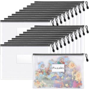 Sooez 20 Pack Mesh Zipper Pouch Bags, A4 Letter Size Zipper Bag with Label Pocket, Waterproof Pouches Classroom Organizer, Board Game Toy Storage, Document Bag Teacher School Office Supplies, Black