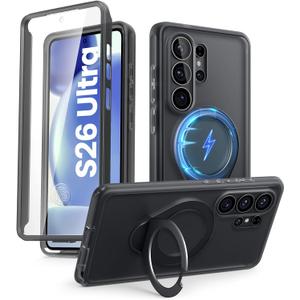 i-Blason for Samsung Galaxy S26 Ultra Case with Magnetic Stand, [Built-in Screen Protector] [Compatible with MagSafe] Anti-Yellowing Full-Body Slim Ring Holder Shockproof Phone Case, Frost Black