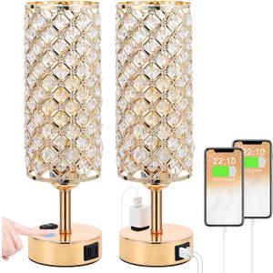 Hong-in Gold Lamps Set of 2, Dimmable Gold Lamps for Nightstand with USB-C+A & AC Charging Ports, 3-Way USB Crystal Lamp, Bedside Desk Light for Bedroom Living Room Home Office(Bulb Included)