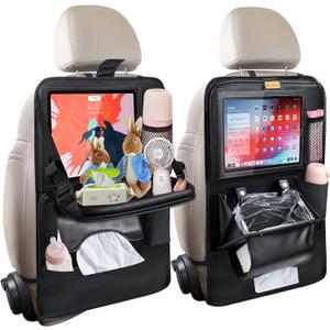 2-Pack Leather Car Backseat Organizer with Tablet HolderFoldable Food Tray,Storage Pockets,Trash Can,Tissue Holder & Insulated BagKick Mats Protector for Kids,Travel Accessories Organizer