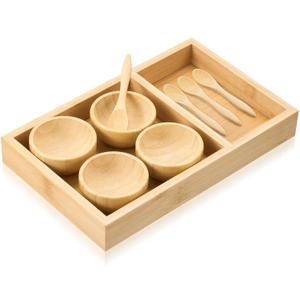 Teenyyou 9 Pcs Bamboo Esthetician Supplies 4 Face Mask Mixing Bowls 4 Facial Cream Spoons 1 Serving Tray for Body Skin Care Bathroom