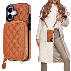 Bocasal Crossbody Wallet Case for iPhone 17, RFID Blocking PU Leather Zipper Handbag Purse Flip Cover, Kickstand Folio Case with Card Slots Holder Wrist Strap Lanyard 5G 6.3 Inch (Brown)