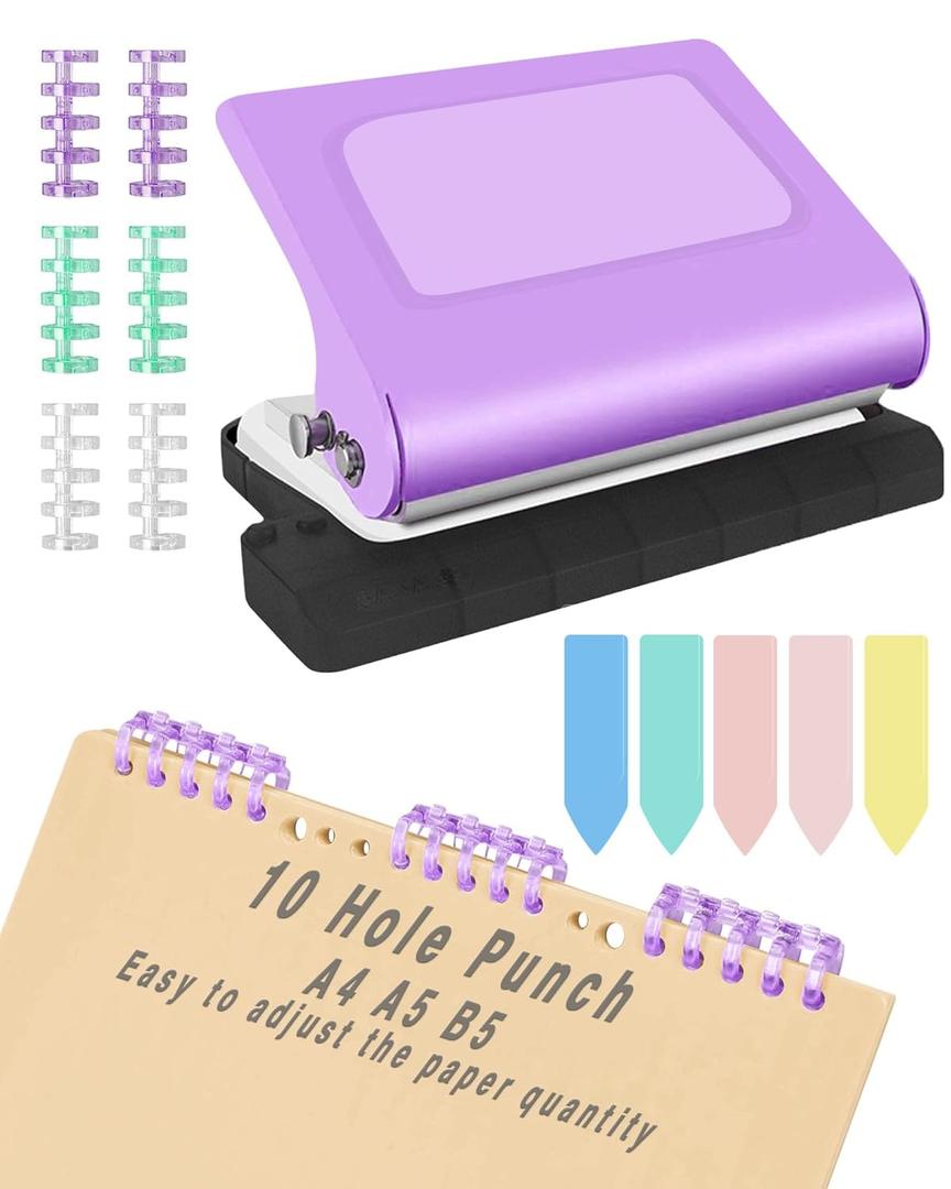 10 Hole Punch Binding Machine for Planners,Paper Puncher with Binder Rings,Punches Holes on B5,A4,A5 Paper,Metal Manual Binding System,Handheld Metal Circle Paper Puncher for Home Office Study,Purple