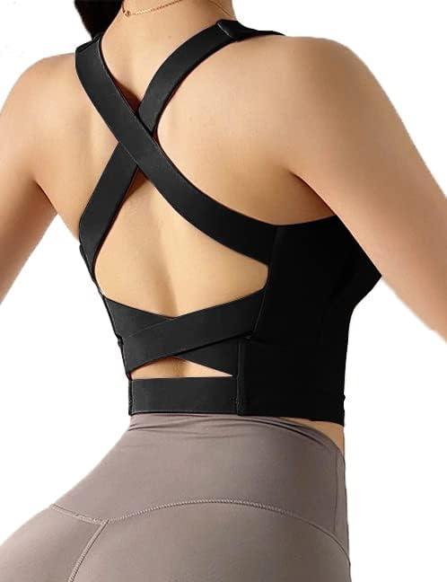 Women's Strappy Sports Bra Criss Cross Back Crop Tank Top Padded Fitness Workout Tops Longline Yoga Bras (X-Large)