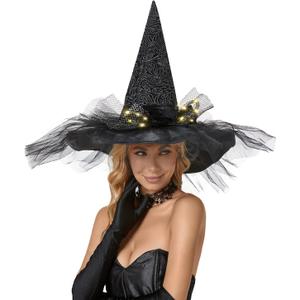 Halloween Witch Hat-Classic Black Felt Hat for Women, Girls, Party Costume Accessory(LED Glowing & Classic Versions) (Black With Chiffon-with Lights)