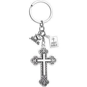 Framendino, 20 Pack Antique Silver Cross Keychain Metal Keychains Book Holy Bible Pendants Key Ring for Women Men Bag Deco Party Favours