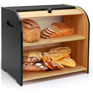 Bread Box for Kitchen Countertop, Double Layer Bamboo Bread Storage Container for Homemade Bread, Roll Top Bread Box with 3 Adjustable Height for Kitchen Counter, Black Breadbox Organizer