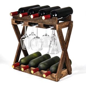 3-IN-1 Countertop Wine Rack with Glass Holder Store 8 Bottles, 6 Stemware Glasses and Wine Tools | Durable Wooden Wine Bottle Holder | Elegant Home Decor for Kitchen, Dining, and Living Room