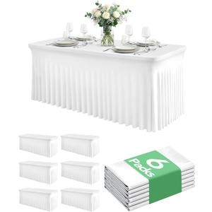 6 Pack Spandex Table Cover Skirts for 6ft Rectangle Tables, White Stretch Table Cloths with Floor-Length Ruffle, Elastic Fitted Skirted Tablecloth for Elegant Wedding Banquet Party Buffet Decoration