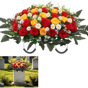 Wocst Headstone Flower Saddle,Large Artificial Cemetery Flowers for Grave Artificial Roses Daisy Saddle for Cemetery Headstone (Yellow)