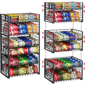 3-Pack Stackable Can Rack Organizer for Pantry, Adjustable Can Holder for Various Ounce of Cans up to 90, Rolling Can Dispenser for Canned Food Soup Goods Storage in Kitchen Cabinet, 2 Tier, Black