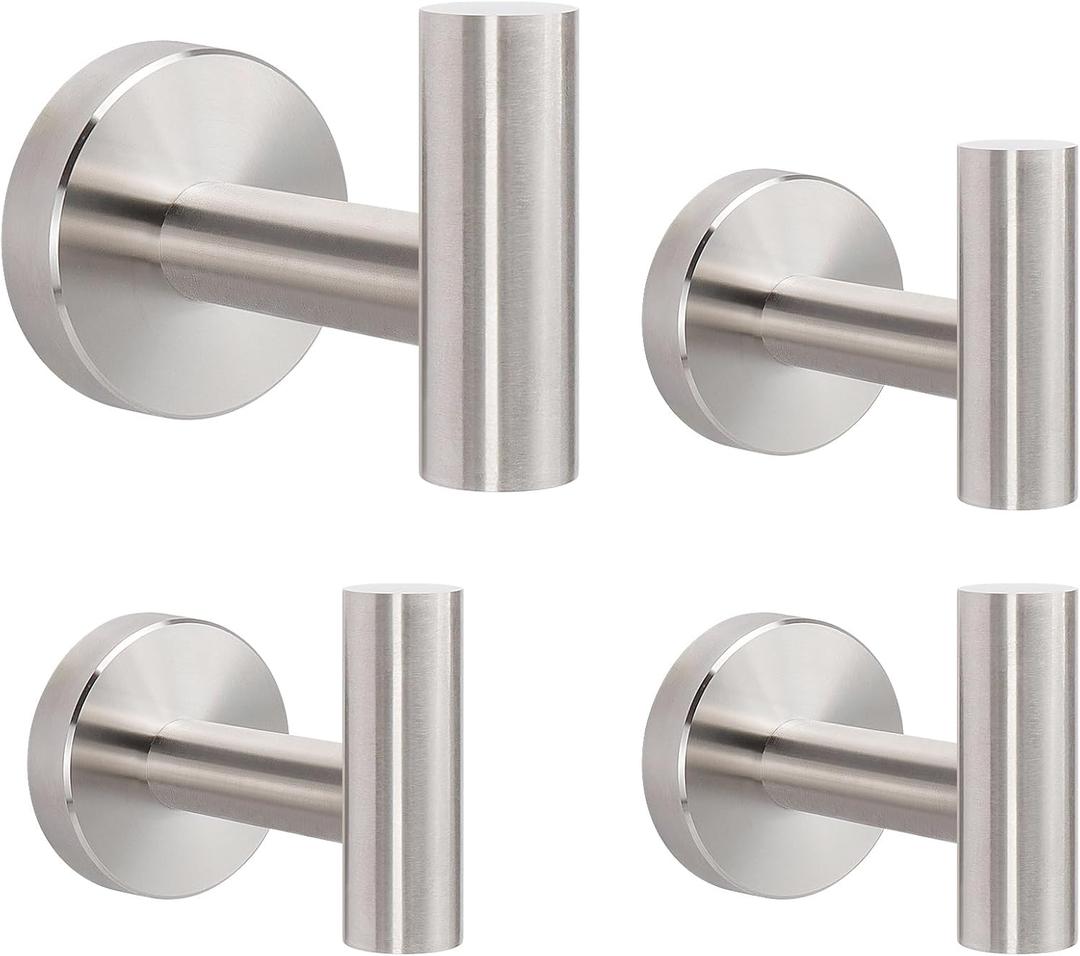 Livabber Bathroom Towel Hooks, 304 Stainless Steel Robe Shower Hooks Wall Mounted, Heavy Duty Towel Hangers for Bathroom Kitchen Bedroom (4 Pack, Brushed Nickel)