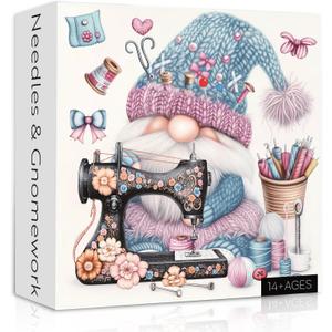 Cute Blue Gnome Puzzles for Adults 1000 Pieces, Vintage Flower Sewing Machine Jigsaw Puzzles, Funny Challenging Puzzle as Spring Art