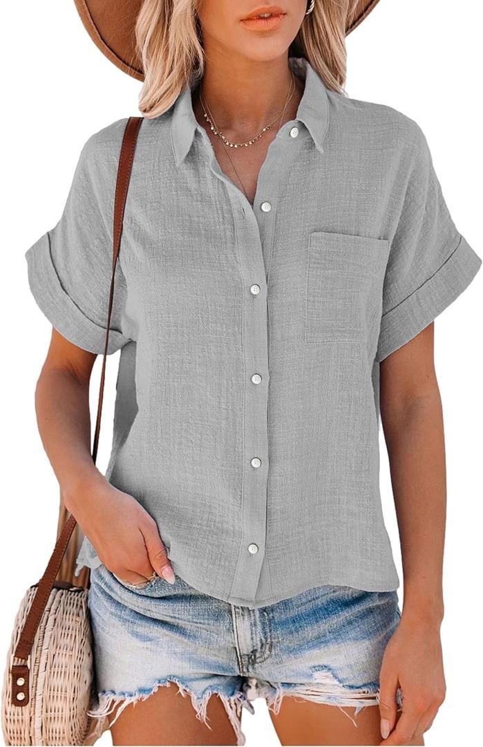 Womens Short Sleeve Cotton Button Down Up Shirt Collared V Neck Tops Shirts Blouses Dress for Women Western Wear (X-Large, Grey)