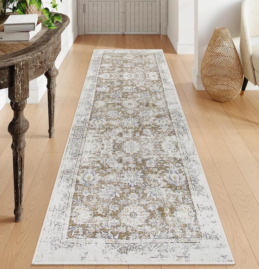 Lahome Vintage Floral Hallway Rug, 2.5X8 Ultra Thin Kitchen Runner Rug,Non Slip Washable Runners,Soft Non Shedding Carpet Runners for Bedroom Entryway Laundry Room(2.5x8ft,Khaki) (Beige)