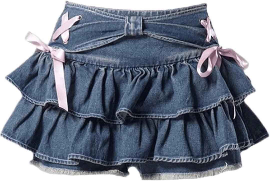 Women's Bow Low Waist Retro Pleated Skirt with Adjustable Waist A-line Mini Denim Skirt Y2K (Medium)