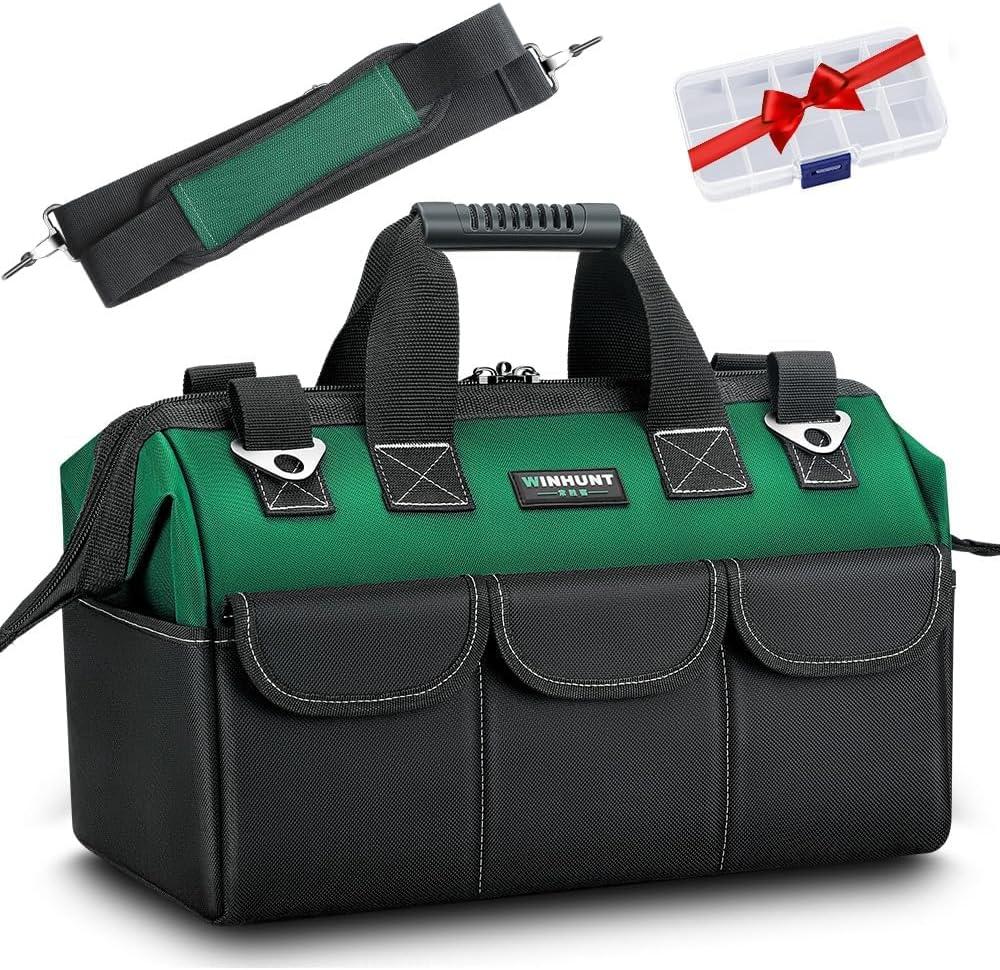 Tool Bag, 13 Inch Tool Bags Organiser, Tool Storage Bag with Wide Mouth, Shoulder Straps For Electrical Worker (Green)