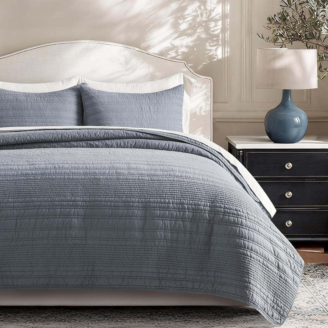 EVERGRACEHOME 100% Cotton Modern Lines Quilt Set King Size, Smoky Blue | Pre-Washed Soft Cotton, Striped Coverlet Bedspread, 3 Piece Lightweight Bedding Set for All Season, with 2 Pillow Shams