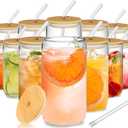 12Pcs Glass Cups with Lids and Straws - 16oz Can Shaped Drinking Glasses Set, Iced Coffee Cup, Beer Glasses Tumbler for Juice, Soda, Smoothie, Boba Tea, Whiskey, Cocktail Include 2 Cleaning Brushes (Clear)