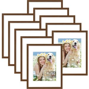 decorUhome 11x14 Picture Frame Set of 10, Display Photos 8x10 with Mat or 11x14 Unmatted for Picture Frames Collage Wall Decor, Brown