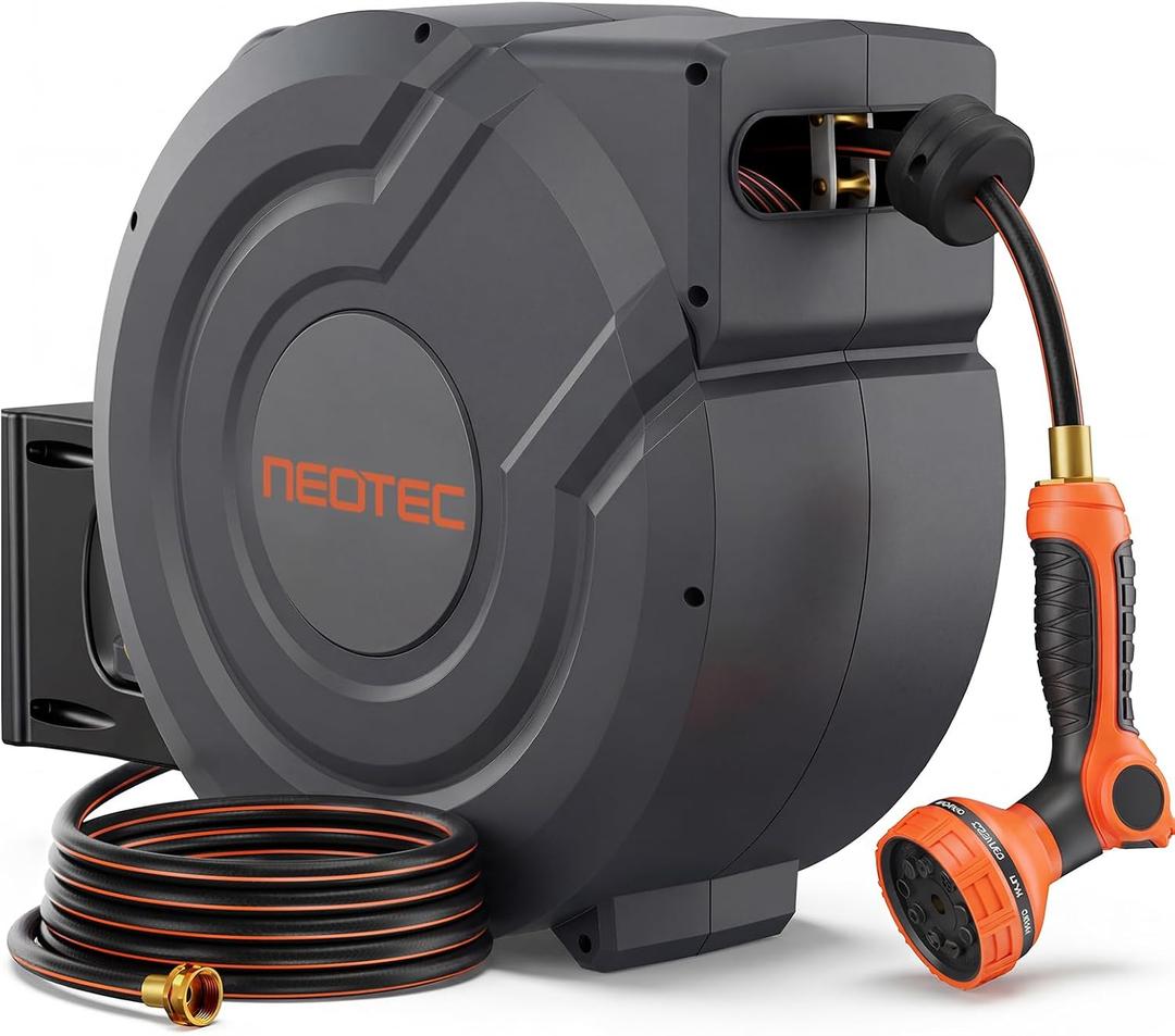 Upgraded Retractable Garden Hose Reel 5/8 inch x 100 ft Any Length Lock 9 Pattern Nozzle Wall-Mounted Automatic Slow Return 180 Swivel UV Resistant Heavy Duty Hose Reels for Outside