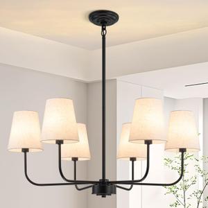 Farmhouse Chandelier 6 Light 31.5", Black Chandelier Modern Dining Room Light Fixtures over Table Island Lighting Fixture with Linen Fabric Shades for Kitchen Living Room Foyer Entryway Bedroom