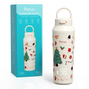 Paruu Portable Bottle Warmer for Travel, Easy-Clean Wide Mouth, Portable Milk Warmer with Fast Heating for Night Feeding, 7-Temp Control, Large 12oz Capacity, Christmas Limited Edition, Beige