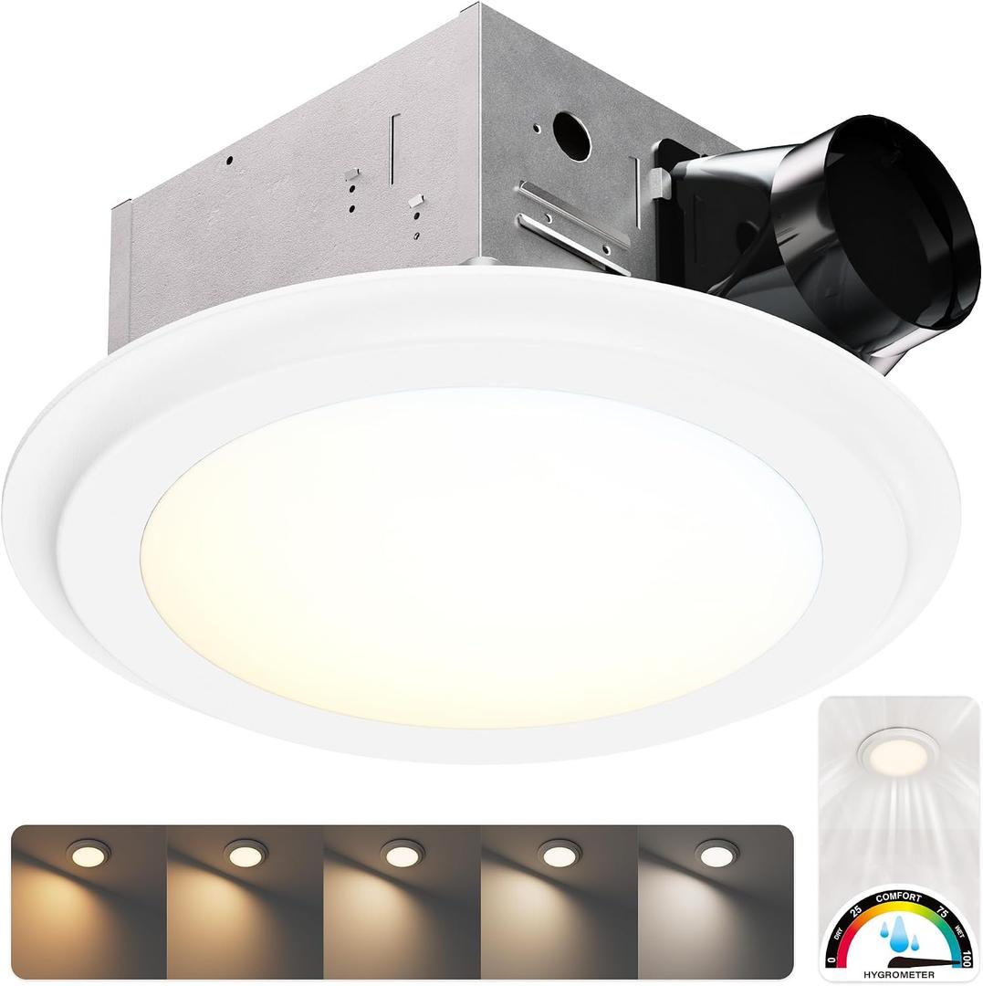 100 CFM Round Bathroom Exhaust Fan with Light and Humidity Sensor, 1.2 Sones Quiet Ceiling Mount Ventilation Fan, 5CCT Selectable Dimmable LED, Wet Rated, ETL Certified, White