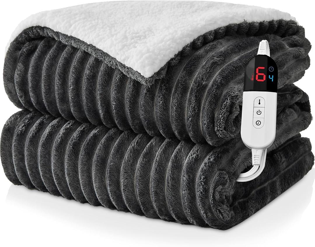 Electric Heated Throw Blanket - 50"x60" Fast Heating Bed Blankets with 6 Heating Levels & 4 Hours Auto Off, Soft Ribbed Flannel Sherpa, Over-Heated Protection ETL, Dark Gray