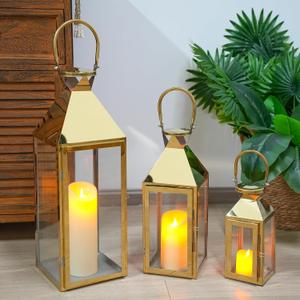 Elegant Candle Lantern Set- 3 Sizes (26", 19", 13" H) - Tempered Glass Panel Stainless Steel Candle Holders for Versatile Indoor & Outdoor Decorating - Perfect for Celebrations(Gold)