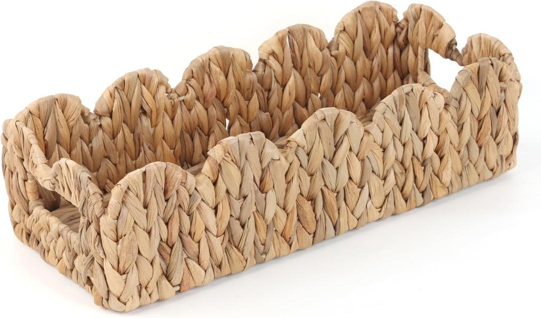 FEILANDUO Wicker Scalloped Storage Basket Boho Bathroom Decor Baskets for Shelves, Countertop, Toilet Tank, Rectangular Basket with Handle Farmhouse Home Organizer (Natural, 15.7"D x 6.6"W x 4.3"H)