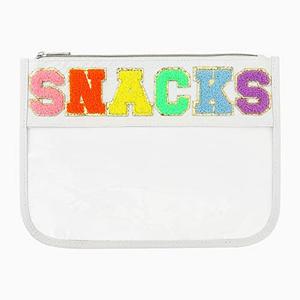 BCRMPT Chenille Letter Bag Clear Flat Pouch, Multi-Purpose PVC & Nylon Cosmetic Bag, Travel Makeup Pouch With Zipper for Women, Gym, Beach (White-Snacks)