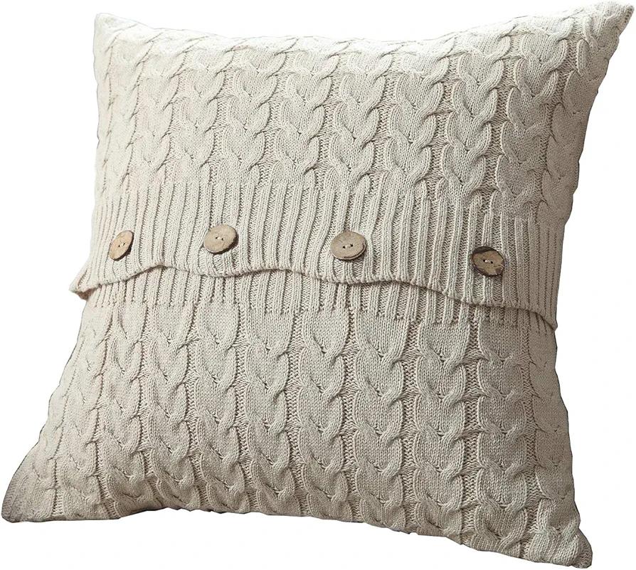 U'Artlines Cotton Knitted Decorative Pillow Case Cushion Cover Cable Knitting Patterns Square Warm Throw Pillow Cover (B Cream, 18x18)