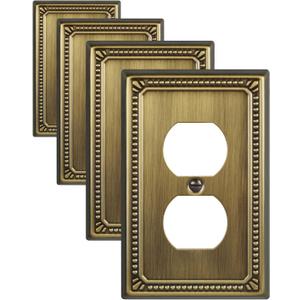 Metal Wall Plates, Switch Plates and Outlet Covers, Decorative Pearl Design (1 Duplex 4PK, Antique Brass, Midsize)