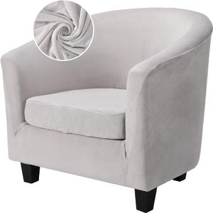 Barrel Chair Covers 2 Piece, Grey Club Tub Barrel Chair Slipcover with Cushion Cover, Soft Armchair Sofa Cover Stretch Furniture Protector with Elastic Bottom for Living Room Bar Hotel