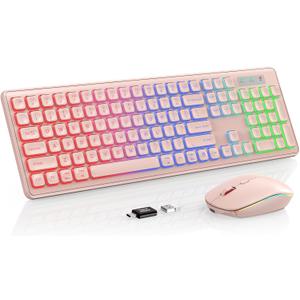 Wireless Keyboard and Mouse Combo, RGB Backlit, Rechargeable & Light Up Letters, Full-Size, Soft Typing, Sleep Mode, 2.4GHz Quiet Keyboard Set for Mac, Windows, Laptop, PC, Trueque (Pink)