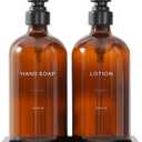 Prus Waso Amber Glass Soap Dispenser Set, Hand Soap and Lotion Set with Black Stainless Steel Pump, Perfect for Modern Bathroom Decor. (Amber), 6.88"L x 3.75"W x 8.66"H