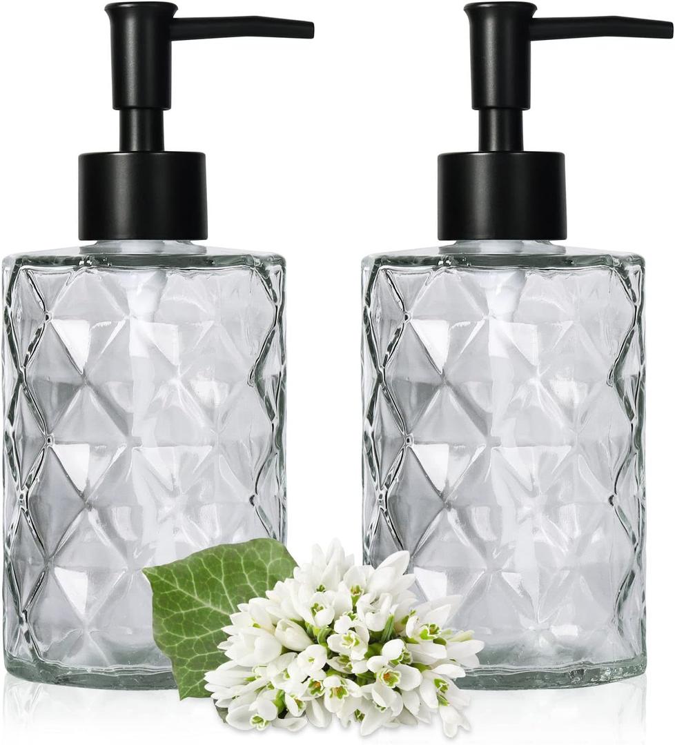Glass Soap Dispenser with Black Pump, Bathroom Soap Dispenser Set(1 Pack, 11Oz.) Premium Thick Soap Pump Bottles, Refillable Kitchen Liquid Soap Bottle for Hand Sanitizer, Lotion (Clear, Black Pump)
