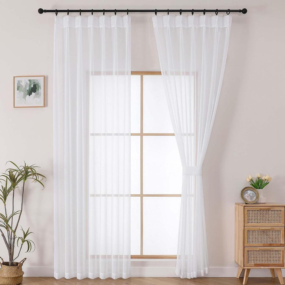 OWENIE White Pinch Pleated Sheer Curtains 84 Inches Long 2 Panels Set for Bedroom Living Room, Soft Airy Light Filtering Sheer Privacy Curtains Drapes, White, 2Pcs, Each 40x84 Inch