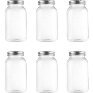 novelinks 32 oz Clear Plastic Mason Jars with Silver Lids BPA-Free, Leakproof, Reusable Storage Containers for Kitchen, Pantry, and DIY Crafts Dishwasher Safe - 6 Pack