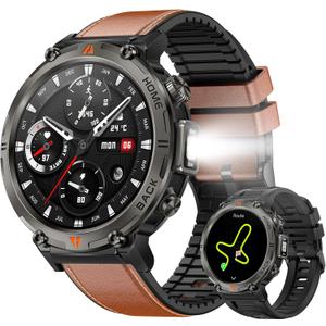 Military Smart Watches for Men Built-in GPS with LED Flashlight Compass, 3ATM Waterproof Rugged Tactical Smartwatch with Text and Call, 1.45" HD Fitness Tracker with HR SPO2 Monitor for iPhone Android (Brown Leather)