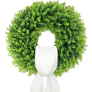 22 Inch Artificial Boxwood Wreath for Front Door - Folding Spring Summer Greenery Wreath with Sash, All Year Round Indoor Outdoor Decor for Farmhouse, Wedding, St Patrick's Day (Green)
