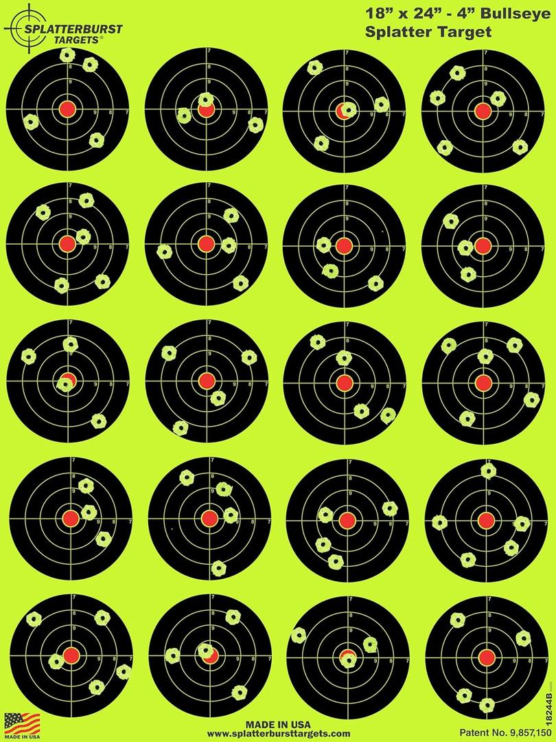 Splatterburst Targets - 18 x 24-4 inch Bullseye Splatter Target - Easily See Your Shots Burst Bright Fluorescent Yellow Upon Impact - Made in USA (50 Pack)