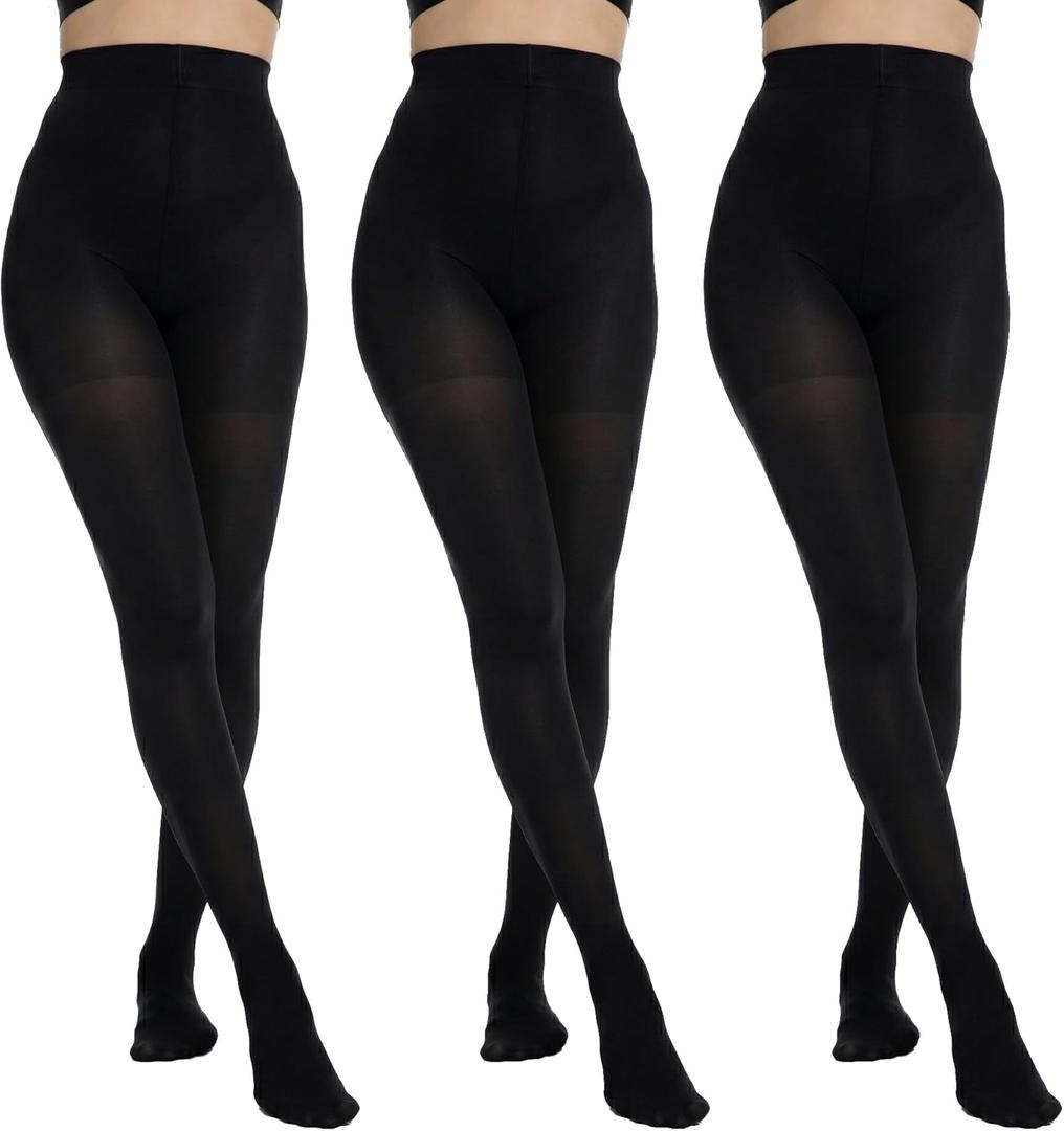 oeat 3 Pairs Women's Black Opaque Tights -80 Denier Solid Color Soft High Waist Control Top Pantyhose for Women(Black-XL)