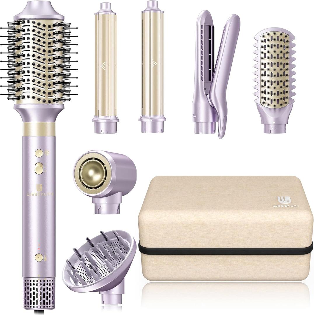 Hair Dryer Brush 8-in-1 Dual Voltage Hot Air Styler  Fast-Drying 110,000 RPM Ionic Blow Dryer with Straightener & Curler Attachments, Frizz-Free Volumizing Styler with Protective Hard Case-Purple