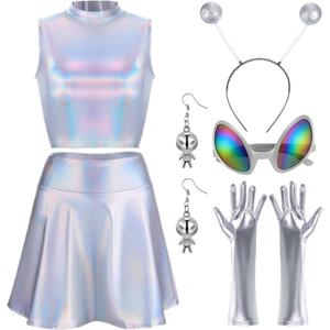 Panitay 7 Pcs Halloween Alien Costume for Women Holographic Metallic Skirt and Top Headband Glove Glasses Earring Necklace (Large)