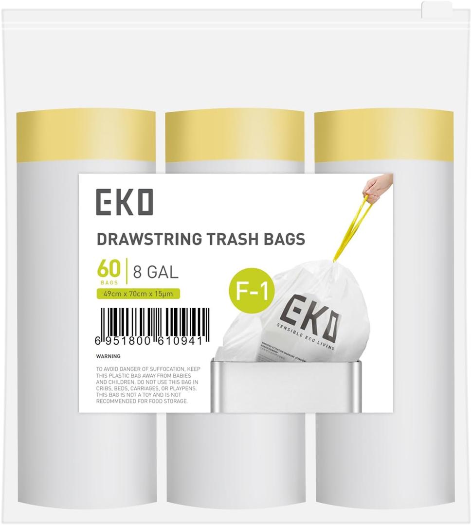 EKO 8 Gallon / 30.3 Liter, 60 Count Drawstring Trash Bags, Extra-Strong Unscented Garbage Bags, Easy-Dispense Roll for Kitchen & Household Use, Resists Tears, Leaks and Punctures, Code F-1, White