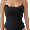 Women Spaghetti Strap Square Neck Bodysuit Sleeveless Body Suit Thong Double Lined Backless Camisoles Leotard (Small, Black-1)