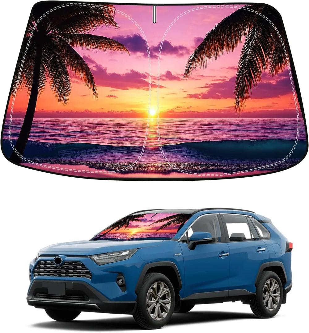 Sunset Beach Car Windshield Sun Shade Compatible with Toyota RAV4 2013 2014 2015 2016 2017 2018, Foldable Reflective Window Sunshade for UV Protection & Heat Reduction